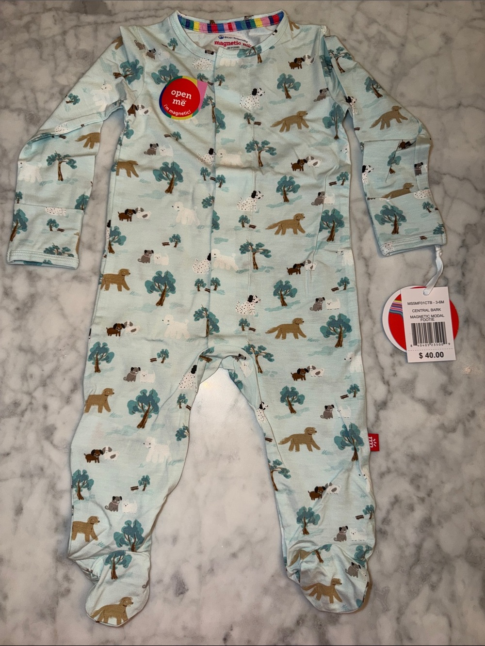NWT Magnetic Me Modal Light Blue Animal Print Footed One-Piece 3/6M